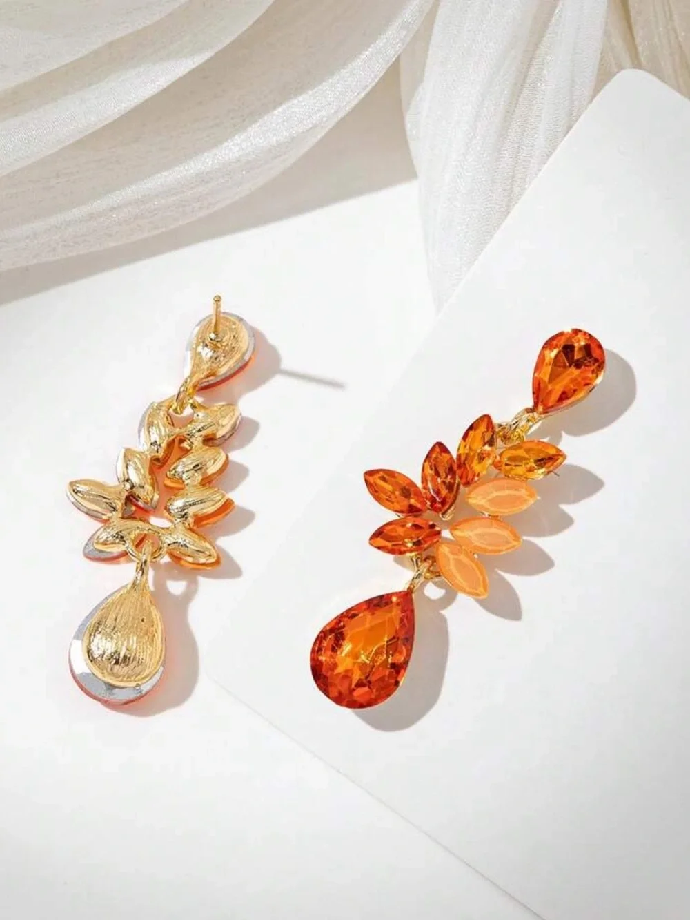 Elegant Orange Teardrop Crystal Leaf Earrings